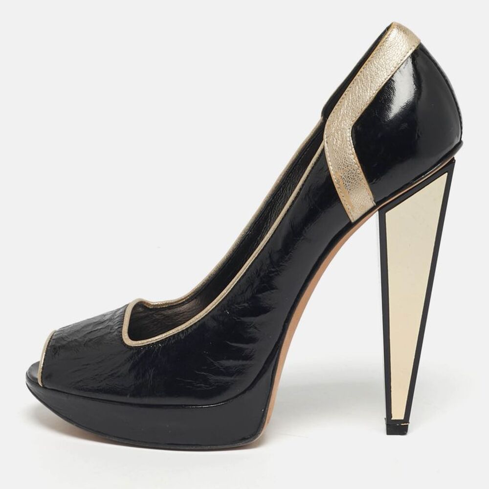 Versace Size 40 Black/gold Leather Platform Peep Toe Platform Pumps